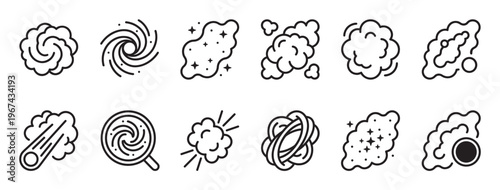 Collection of various space and galaxy line icons, depicting celestial bodies and cosmic phenomena in a modern, clean style