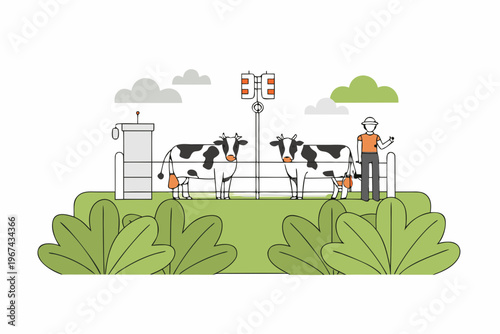 A farmer directs cows across a road with traffic lights in a rural scene