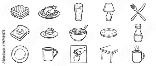 Collection of hand-drawn black and white doodle icons depicting various food items, drinks, and kitchenware in a simple, illustrative style