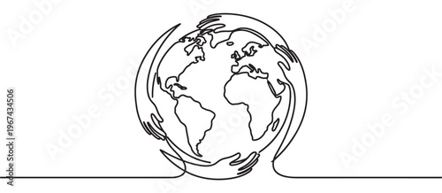 Continuous line drawing of hands embracing the Earth, symbolizing global unity and environmental protection
