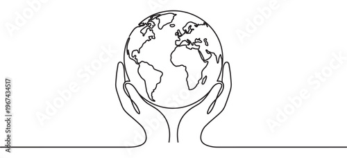 Two hands gently holding a continuous line drawing of the Earth, symbolizing global care and environmental protection