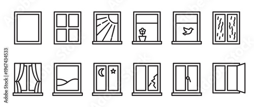Collection of various window outline icons depicting different views, conditions, and styles in a clean, minimalist design