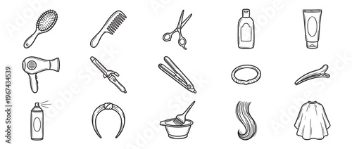 Collection of hand-drawn black and white hair styling tools and accessories, including brushes, combs, scissors, and various hair products