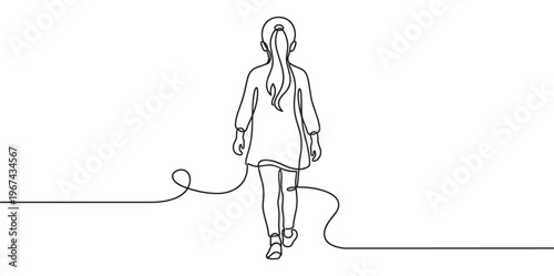Young girl with a ponytail is walking away in a continuous line art drawing style, viewed from behind