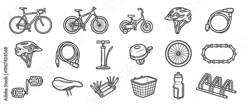 Collection of hand-drawn bicycle and cycling accessories, including various bike types, helmets, locks, and tools, presented in a clean, illustrative style