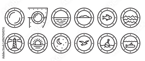 Collection of twelve simple black and white line art nautical porthole icons with various sea and sky elements
