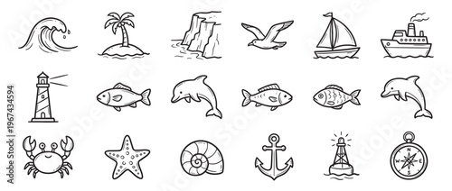 Collection of hand-drawn black and white doodle icons representing various nautical and marine elements in a charming, simple style