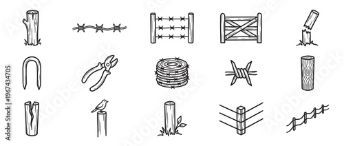 Various hand-drawn black and white icons depict different elements related to fencing, including barbed wire, wooden posts, and tools