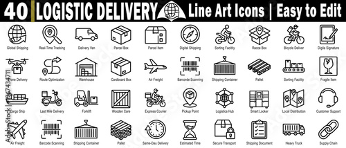 Logistic delivery line art icons set. Collection with shipping parcel tracking, warehouse air freight courier container smart locker logistics hub heavy truck chain. vector illustration.