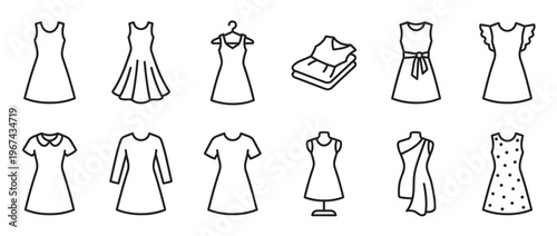 Collection of twelve diverse outline dress icons, showcasing various styles, lengths, and details for fashion design