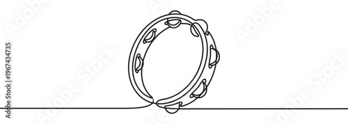 Single continuous line drawing of a tambourine with jingles, rendered in a minimalist artistic style