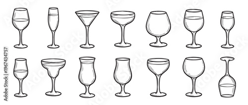 Collection of various hand-drawn empty drinking glasses and goblets, including wine, champagne, martini, and cocktail styles, depicted in a clean outline illustration