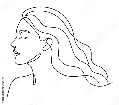 Beautiful minimalist continuous line drawing of a woman's face in profile with flowing hair, capturing elegance and simplicity