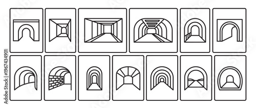 Collection of twelve distinct black outline tunnel icons, each depicting a different perspective and style of an enclosed passageway