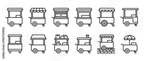 Collection of twelve simple outline icons depicting various food and market carts with wheels and awnings