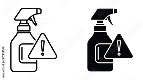 Contrast of spray bottle icons with caution symbols in black and white