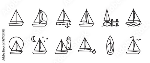 Collection of various simple black outline sailboat icons, depicting different sailing vessels and nautical elements