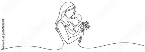 Continuous line art drawing of a mother holding her child and a small bouquet of flowers, symbolizing love and care