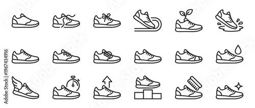 Collection of black outline sneaker icons illustrating various activities, features, and care instructions for athletic footwear