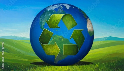 Recycling symbol embraces planet Earth on a vibrant green landscape under a blue sky.