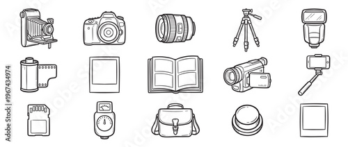 Collection of hand-drawn photography and videography equipment icons, including cameras, lenses, film, and accessories, presented in a clean, illustrative style
