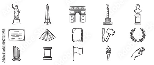 Various hand-drawn black and white icons representing historical monuments, ancient artifacts, and symbolic elements on a clean white surface
