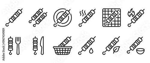 Collection of black outline kebab icons depicting various cooking and serving scenarios with simple, clean lines