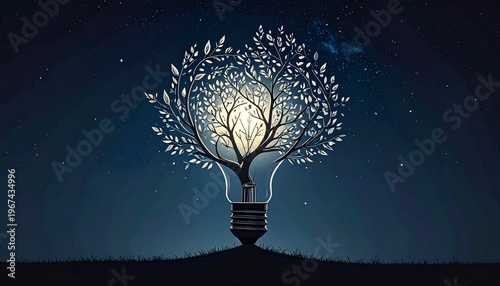 Illuminated tree of ideas growing from a light bulb against a starry night sky