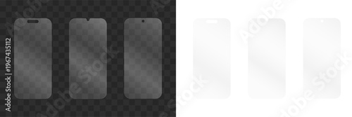 Set of realistic smartphone screen protector glass templates with various notch designs on transparent background