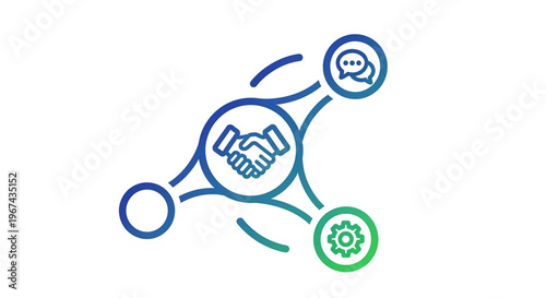 A vector graphic illustrating business partnership and communication with handshake and gear icons