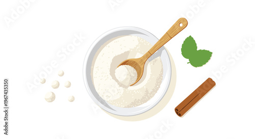 A white bowl of granular white powder with a wooden spoon, mint leaves, and cinnamon sticks is on a white surface.