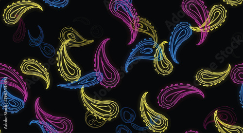 Vibrant paisley motifs in neon yellow, electric blue, and magenta glow brightly against a dark black background, creating a dynamic pattern.