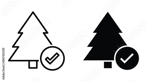 Comparison of outline and filled christmas tree icons with verification checkmarks