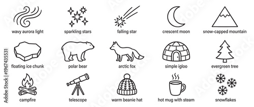 Collection of simple black outline icons representing various arctic and winter elements, clearly visible on a clean surface