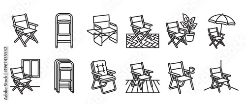 Collection of various folding chairs and director's chairs in black outline icons, showcasing different styles and uses