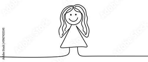 Simple black line drawing of a smiling girl with long hair, standing on a continuous line