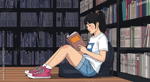 A student enjoys a book on a quiet day in the library, surrounded by shelves filled with knowledge, celebrating the joy of reading and learning while respecting copyright