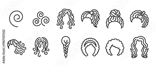 Collection of black outline vector icons depicting various hairstyles and curly hair patterns, presented in a clean, graphic style