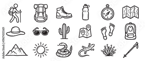 Collection of hand-drawn black and white icons representing various hiking and outdoor adventure elements in a simple doodle style