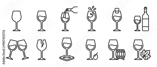 Collection of twelve black outline wine glass icons depicting various states and related objects, presented clearly