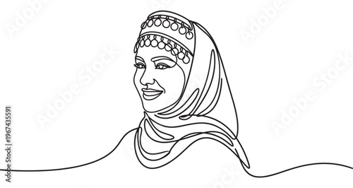 Beautiful smiling woman wearing a traditional headscarf and ornate cap is depicted in a continuous line art drawing