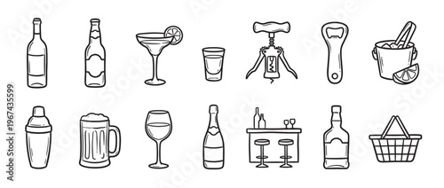 Collection of hand-drawn black and white bar and drink icons, including bottles, glasses, and tools, arranged neatly
