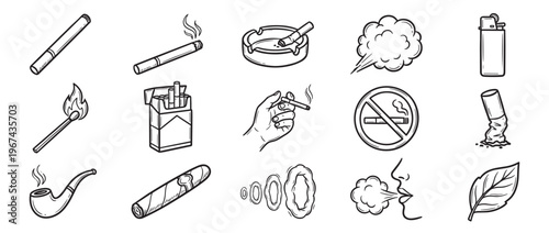 Collection of hand-drawn smoking-related items, including cigarettes, cigars, lighters, and a no-smoking sign, in a clean, illustrative style
