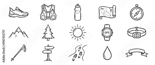Collection of hand-drawn black and white icons depicting various hiking and outdoor adventure elements in a doodle style