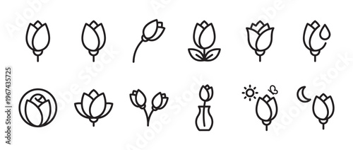 Collection of twelve black outline tulip flower icons with various styles and subtle details, presented clearly
