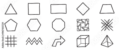Collection of hand-drawn geometric shapes and abstract elements in black outline, featuring various polygons and patterns