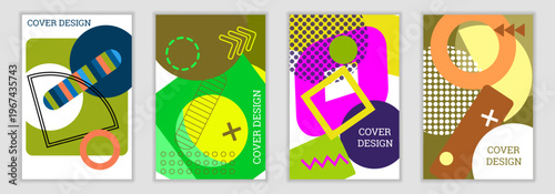 Bright backgrounds made of geometric shapes. A set of 4 cover designs for covers, banners, and posters.