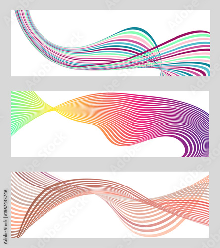 Multicolored gradient ribbons flutter in the wind against a white background.