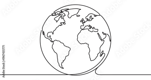 Simple continuous line drawing of the Earth globe with continents clearly visible, rendered in a minimalist style