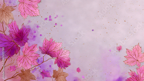 un fondo pintado en acuarela en tonos claros con hojas de otoño decorativas en colores rosa y morado con espacio de copia moderno artistico 